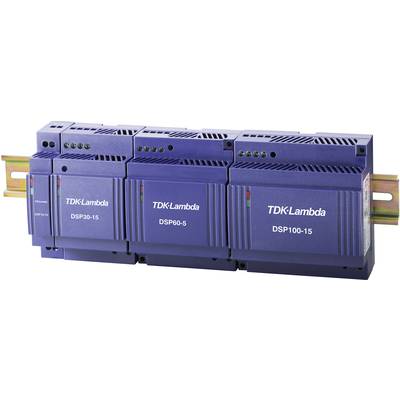 Three blue TDK-Lambda switched-mode power supplies mounted on a metal rail, with model numbers DSP30-15, DSP60-5 and DSP100-15 visible.