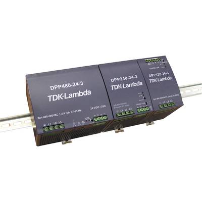 'Three TDK-Lambda DPP power supplies mounted on a DIN rail: DPP480-24-3, DPP240-24-3, DPP120-24-3. Powering electronic systems.'