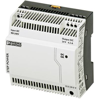   Phoenix Contact  STEP-PS/1AC/24DC/4.2  Rail mounted PSU (DIN)    24 V DC  4.4 A  100 W  No. of outputs:1 x    Content 