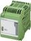 Green, rectangular mini battery module with 'OUT DC 24V 0.8 Ah' inscription and manufacturer's logo of Phoenix Contact.