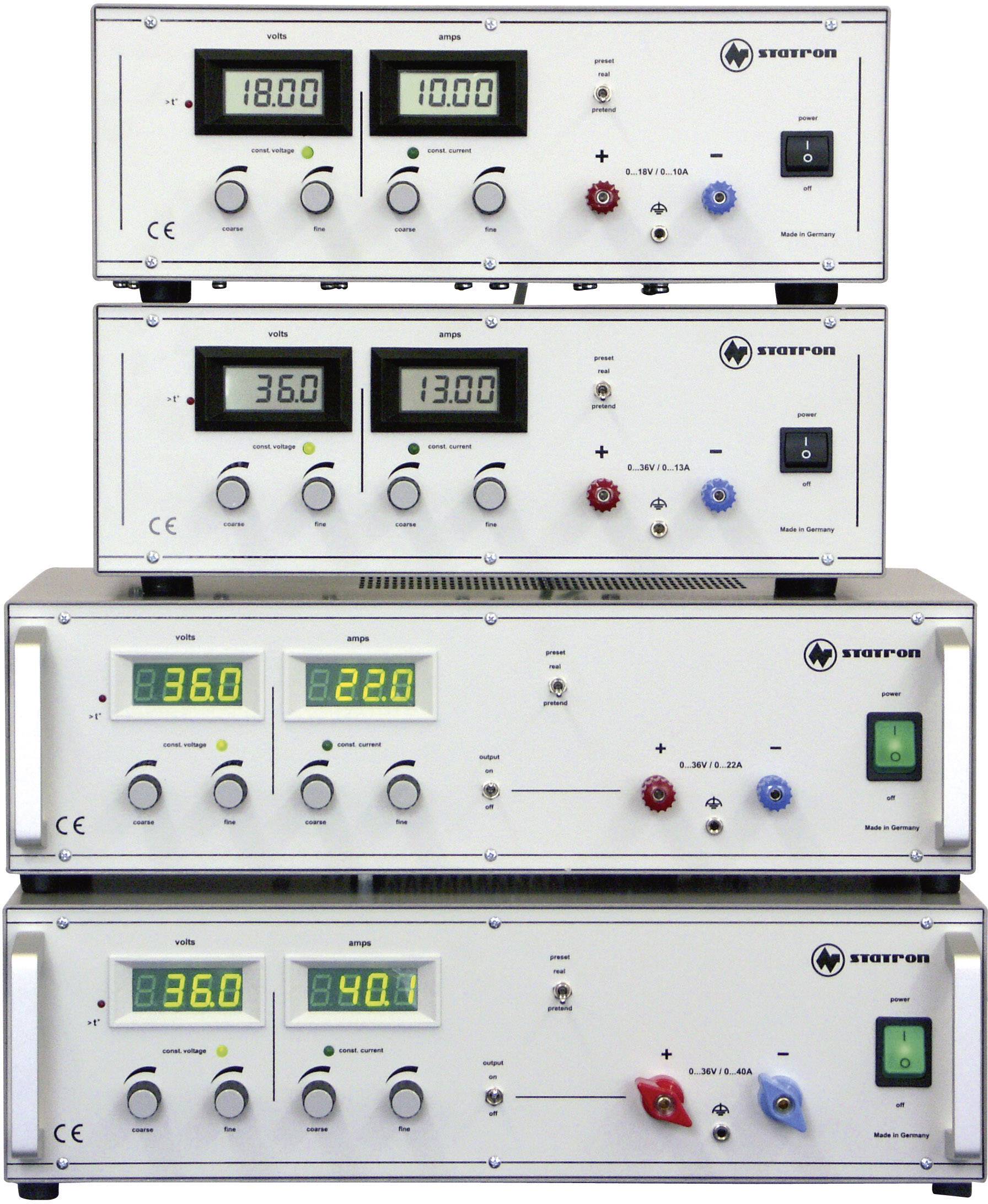 Two stacks of electrical power supplies with LED displays for voltage and current. Top: 18V/10A, bottom: 36V/13A.