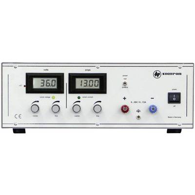 A power supply with two digital displays for voltage and current. Voltage shows 36.0, current 13.00.