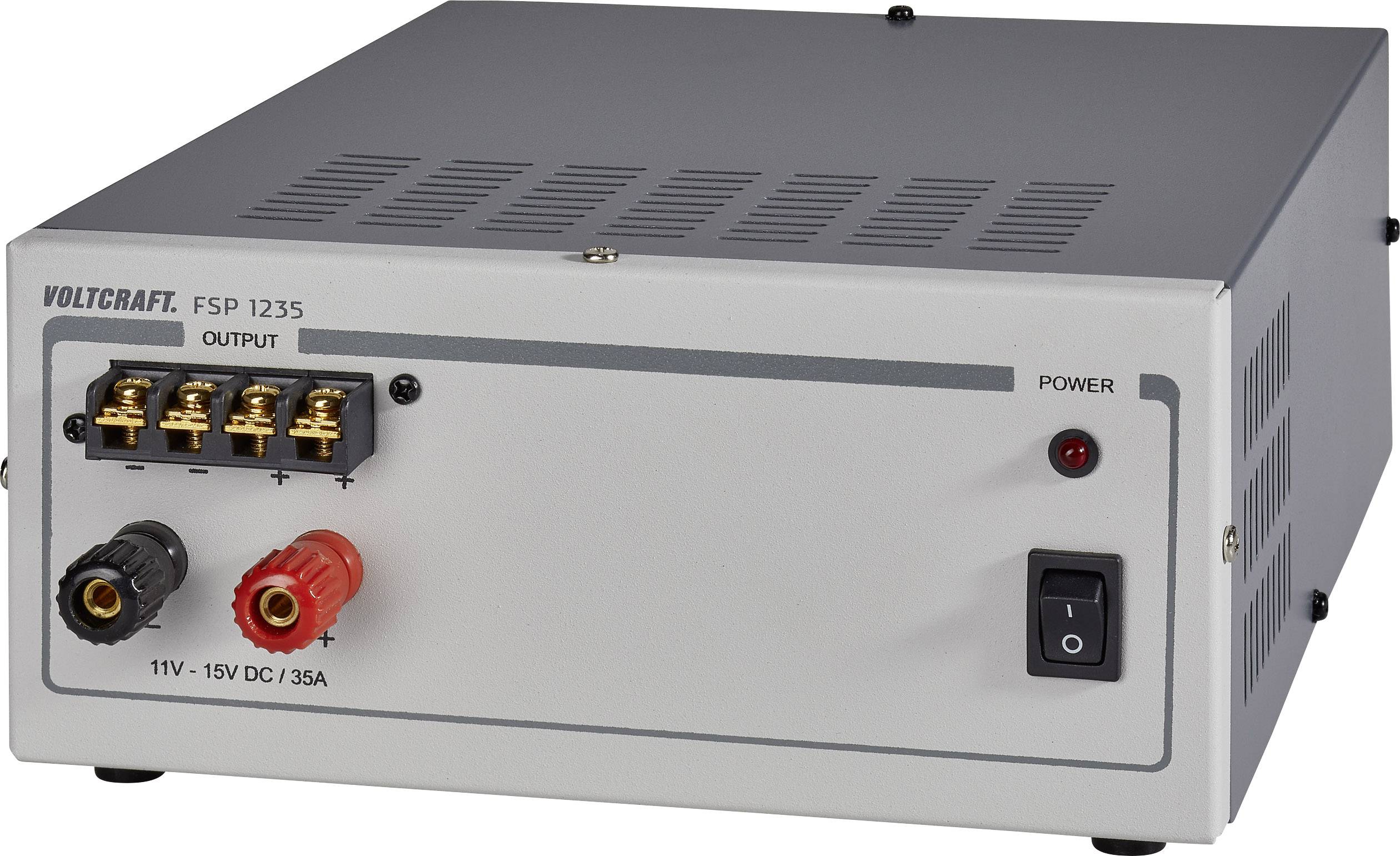 'VOLKRAFT FSP 1235' Power Supply Unit with 11V-15V DC output and 35A current rating. Multiple connections and power switch on the front panel.
