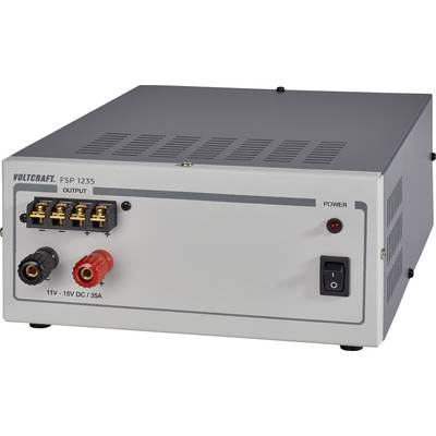'VOLKRAFT FSP 1235' Power Supply Unit with 11V-15V DC output and 35A current rating. Multiple connections and power switch on the front panel.
