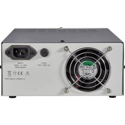A rectangular power supply unit with a fan and input socket on the back. Labelling shows 230V input and 250V output.