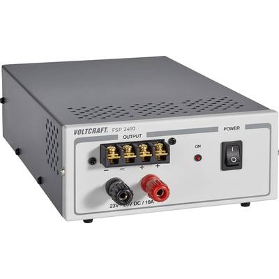 Power supply unit with switches and terminals, model 'VOLTCRAFT FSP 2410', delivers 23-30V DC at 10A.
