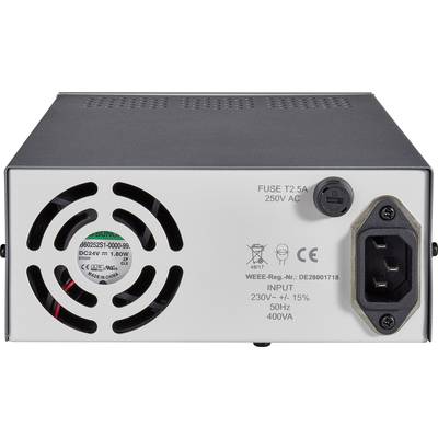 Rear view of a power supply unit with fan and power connection. Markings show fuse T2.5A, 230V AC, 50Hz, 400VA and other technical details.