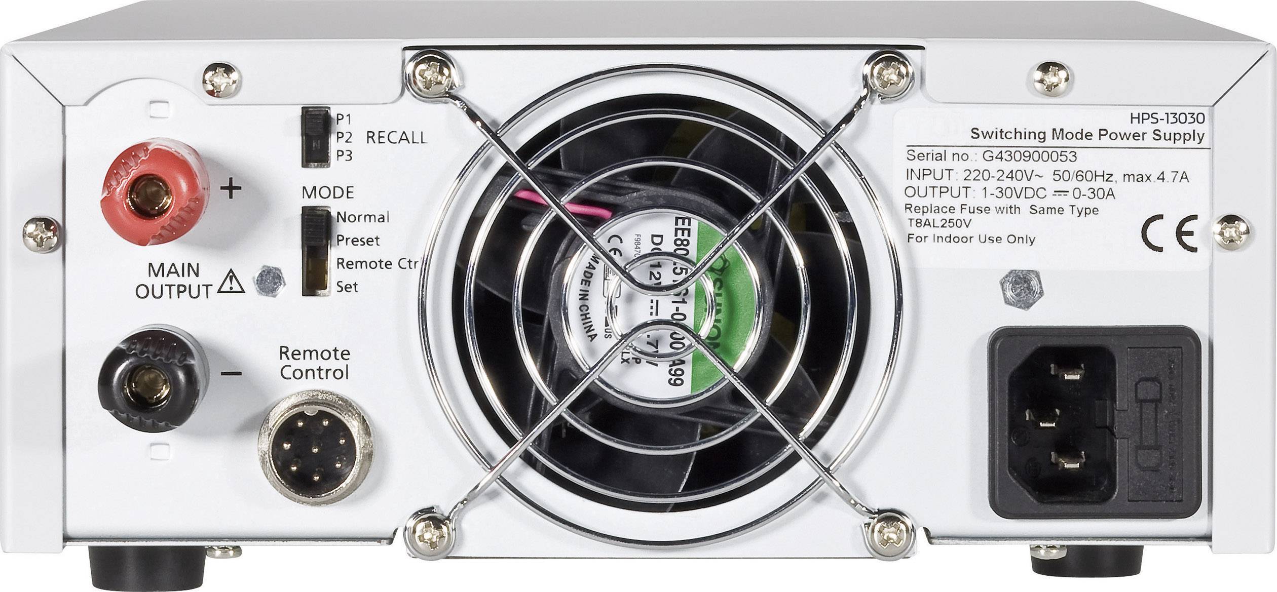 Power supply rear with fan, main output and remote control connections, as well as input and output specifications.
