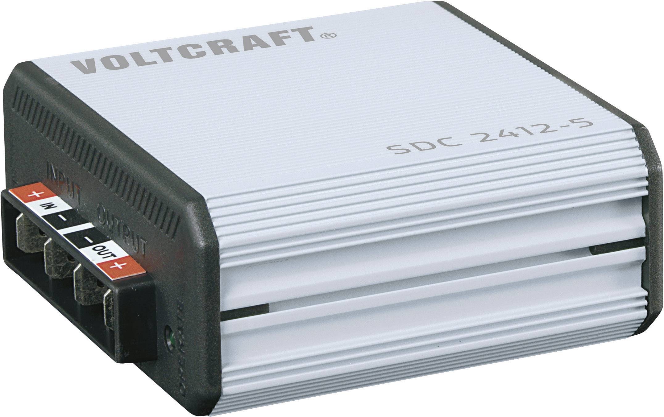 Compact DC Converter 'Voltcraft SDC 2412-5' for converting 24 V to 12 V, suitable for various electronic devices.