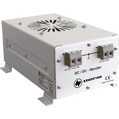 A white DC/DC converter by Statron with connections for 12V and 24V, suitable for up to 40A. Casing with ventilation slots. Manufactured in Germany.