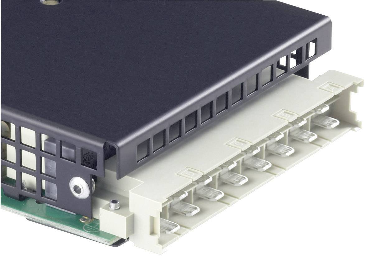 Computer hardware component with a black heatsink and eight visible connection ports on a white casing.