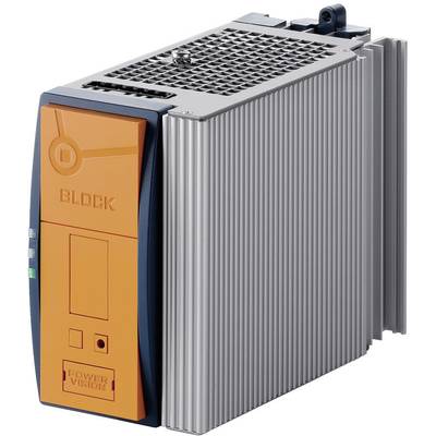 An orange-grey electronic device with the text 'Block' on the front, likely an industrial power supply module.