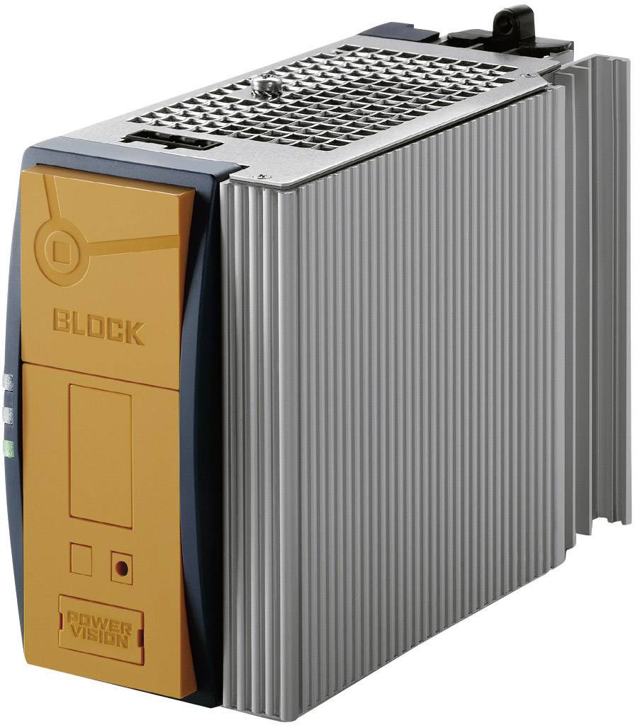 Industrial power supply unit in an orange-grey enclosure with ventilation slots and 'Block' labelling. Designed for mounting in electrical control cabinets.