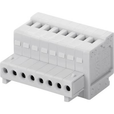 Grey, multi-pole connector terminal, suitable for printed circuit board mounting. Contains eight connection openings and locking points.