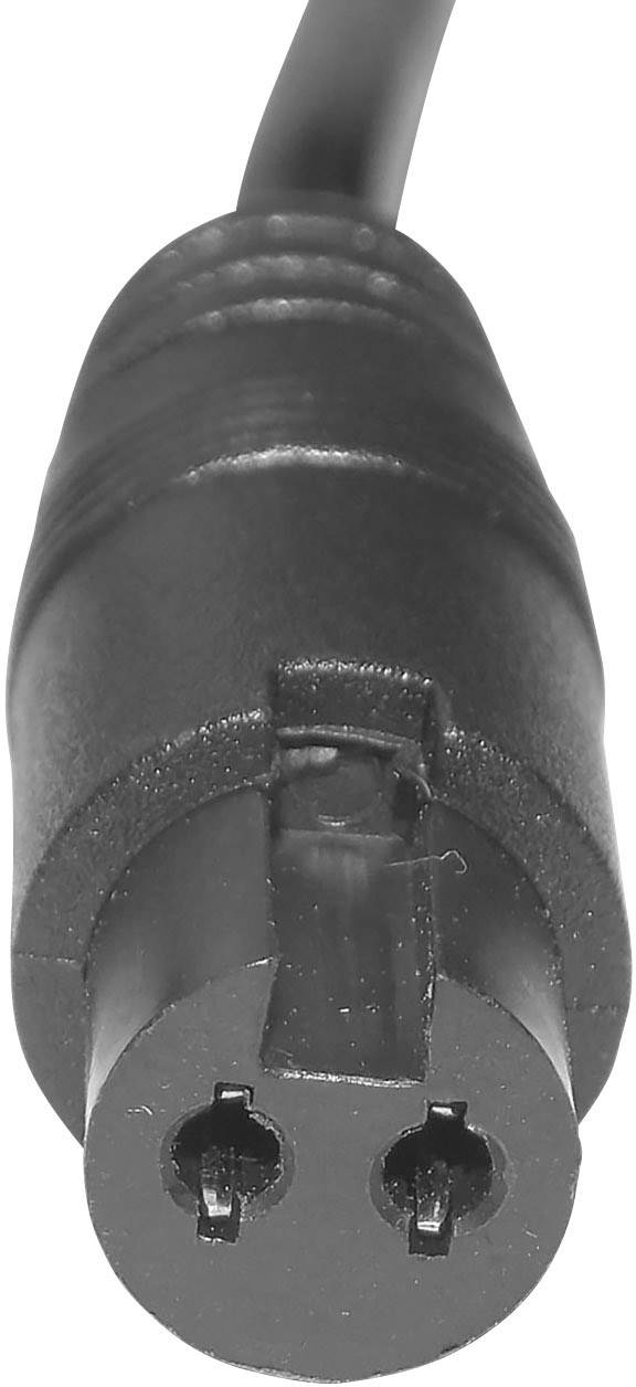 A black two-pin mains plug viewed from the front, typically used for powering electronic devices.
