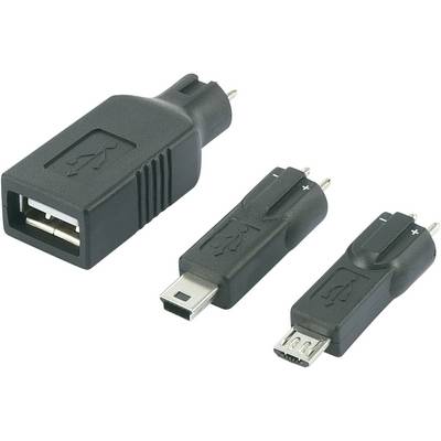 'Three black USB adapters, with a large one on the left featuring a USB-A socket, and two smaller ones on the right with Mini-USB and Micro-USB plugs.'