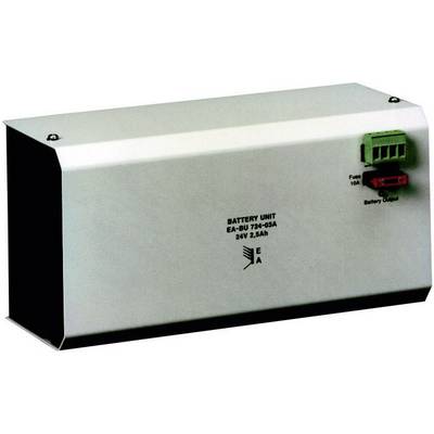 Metal battery unit with a red fuse holder and green terminals. Labelled 'Battery Unit 24V 2.5Ah'.