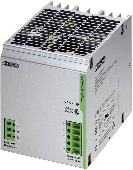 Industrial power supply from Phoenix Contact, Trio Power model. Provides output of 48V, 10A. Input voltage of 100-240V AC.