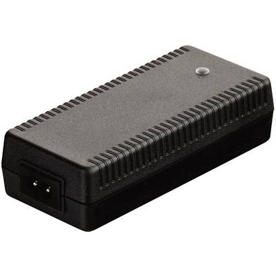 A black, rectangular electronic device with ribbed sides, possibly a power supply unit, on a white background.