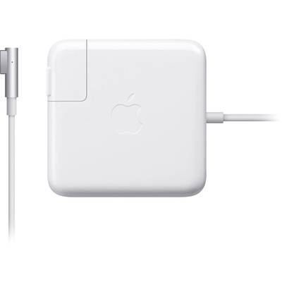 White laptop power adapter with Apple logo, connected to a thin cable.