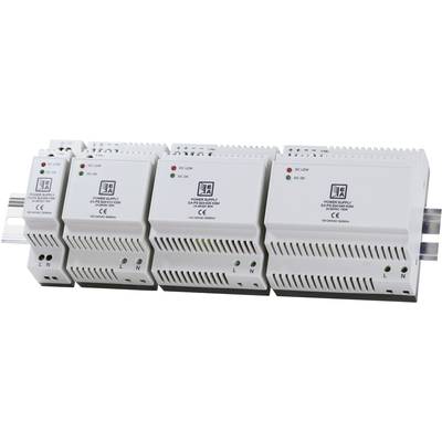 Several white power supply modules are mounted on a DIN rail. Each module displays green and red LED indicators and CE markings.