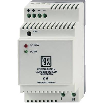 A DIN rail power supply unit with indicator lights for 'DC LOW' and 'DC OK'. It provides 24-28V DC at 30W.