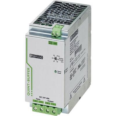 Power supply unit from Phoenix Contact, model QUINT-BUFFER DC 24V 40A. It features input and output connections and an LED indicator.