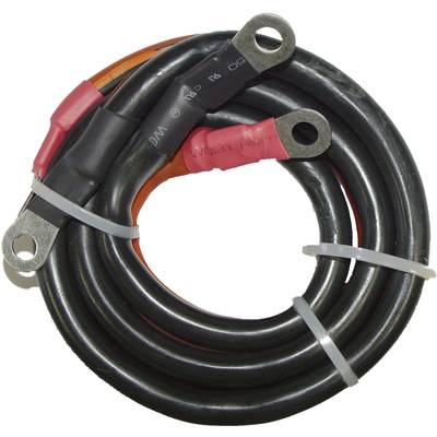 A coiled black cable with metal eyelets at the ends, secured with cable ties.