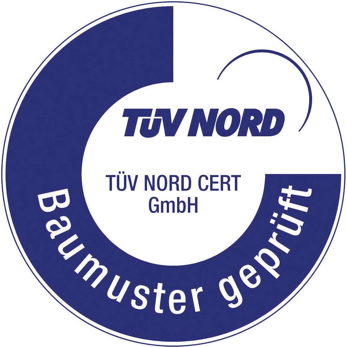Round blue stamp with white text 'TÜV NORD CERT Ltd' and 'Type Examination Certified'. Symbolises verified safety.