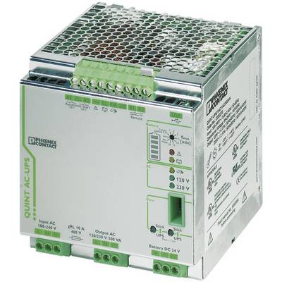 Power supply unit by Phoenix Contact with model number, voltage settings, and LED indicators for status and performance.