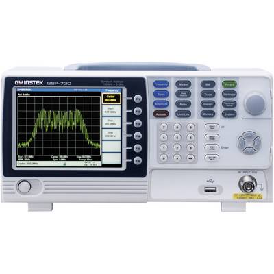 The image shows a spectrum analyser. On the screen, a frequency diagram with peak values and axis labels is visible.
