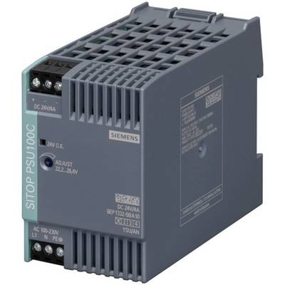 A grey Siemens SITOP PSU100C power supply with adaptive function for 22-24V and DC 24V/4A output, shown in close-up.