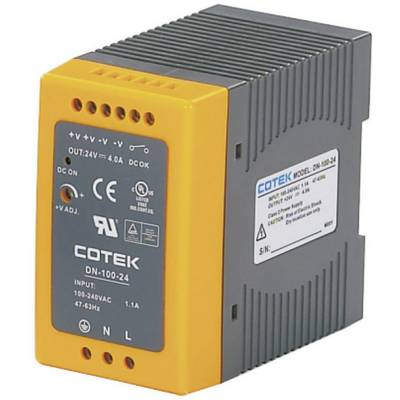 A grey and orange COTEK power supply model DN-100-24 with specifications on the front.