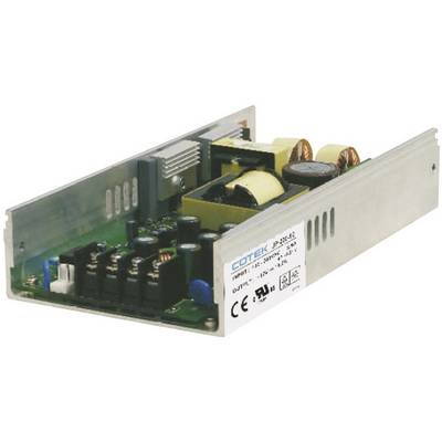 A switch-mode power supply in a rectangular metal enclosure, showing electronic components and labelling with technical specifications.