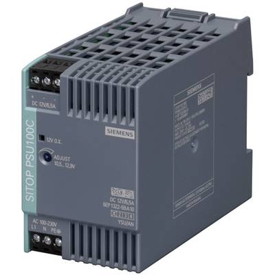 Grey Siemens SITOP PSU100C switched-mode power supply. Labelled: 'DC 12V/6.5A'. Terminal blocks and setting knob visible.