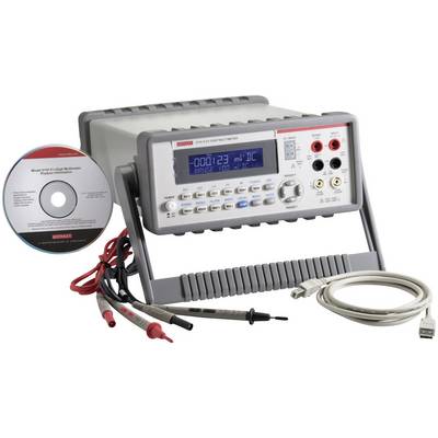 Digital multimeter with display reading '000123 mV DC', surrounded by a CD manual, test leads, and a power cable.