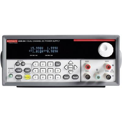 'Keithley 2220-30-1 Dual Channel DC Power Supply', displaying screen with voltage and current readings. Controls and connections visible.