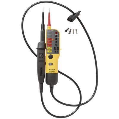 Voltage tester with two probes and cable. Yellow and black casing. Displays voltage scales. Accessories visible.