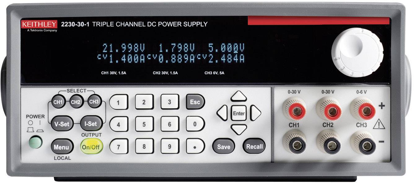 Laboratory power supply with three channels, displaying voltages and currents: CH1 21.998V, CH2 4.998V, CH3 1.400V. Rotary knobs and buttons for adjustment.
