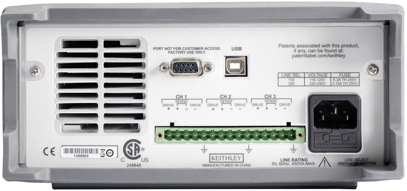 Rear view of a Keithley device with multiple connections, including USB, serial and terminal strips for different measurement channels.