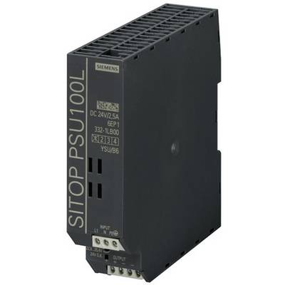 The image shows a Siemens SITOP PSU100L power supply. It has a DC output voltage of 24V at 2.5A and multiple connection terminals.