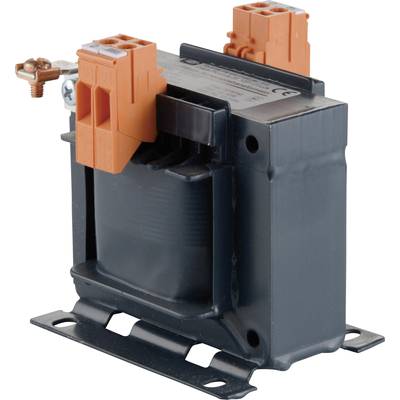 A black transformer with orange connection terminals and a nameplate on the top surface, mounted on a metal base.
