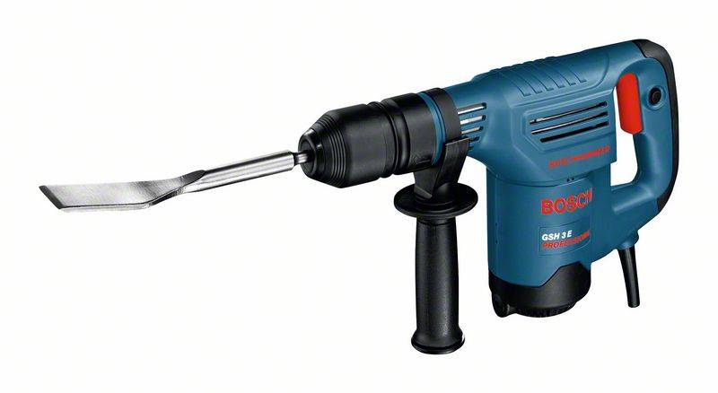 A blue hammer drill with a chisel attachment and handle. Suitable for heavy construction work and chiselling tasks.