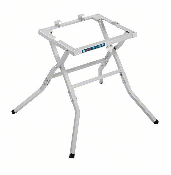 A collapsible metal frame for table tools, with four legs and non-slip feet, suitable for mobile use.