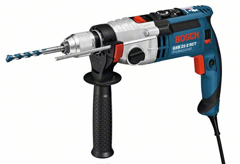 Electric drill by Bosch, Model GSB 21-2 RCT, with drill bit and auxiliary handle.