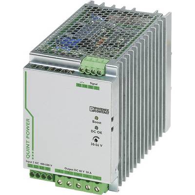 Power supply module with metal heatsink, labelled 'Quint Power' by Phoenix Contact. Inputs 3 AC 400-500 V, Output DC 48 V 20 A.