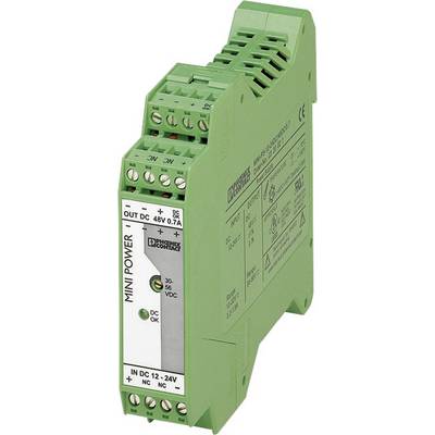 A green hat rail device 'MINI POWER', 48V-DC, 0.7A, with connection terminals and labelling.