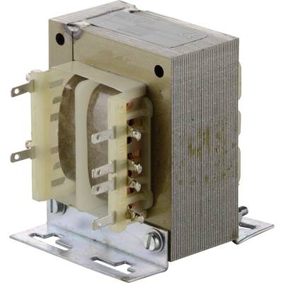 A metal transformer with multiple terminal blocks, mounted on a metal base. It is used for voltage conversion.