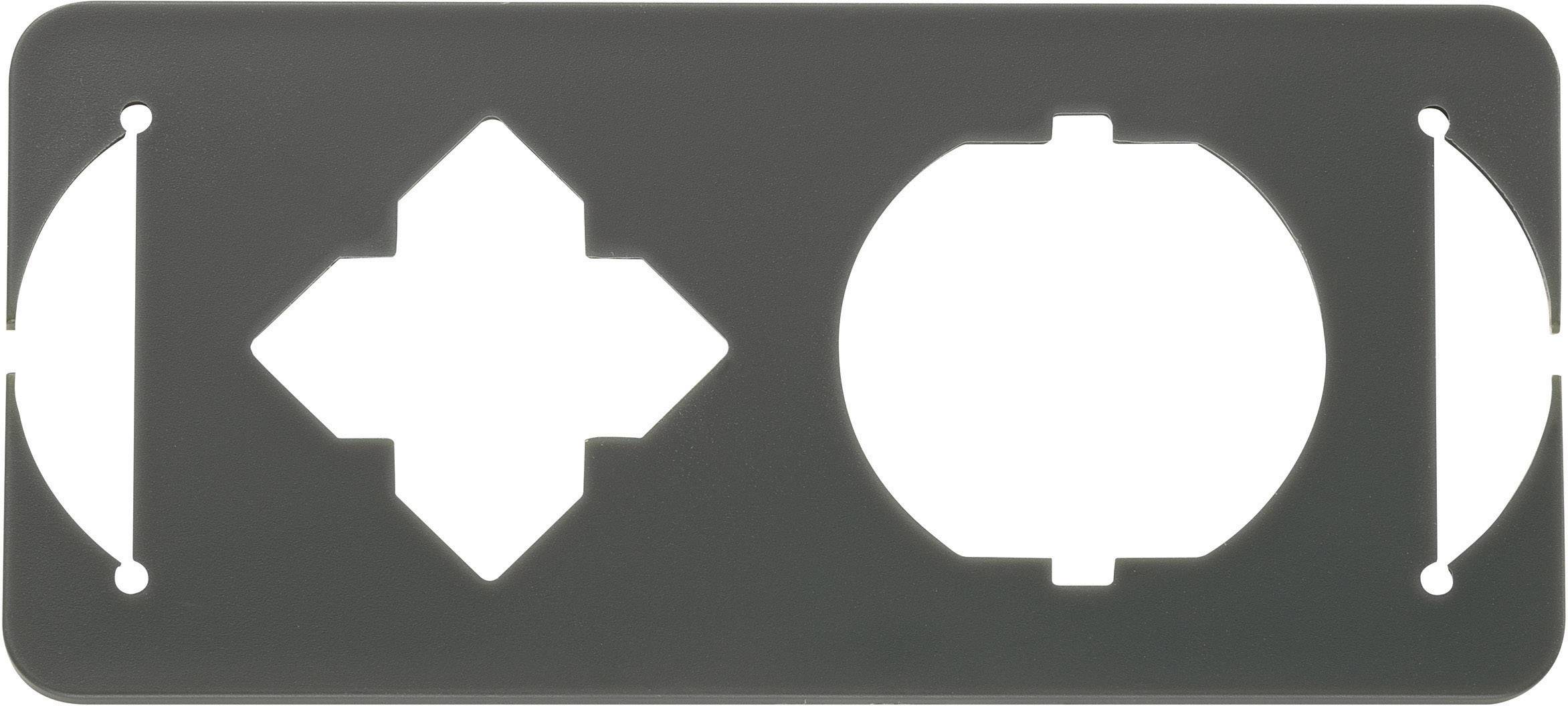 A rectangular metal plate with cut-out shapes: a cross on the left side and a circle on the right side.