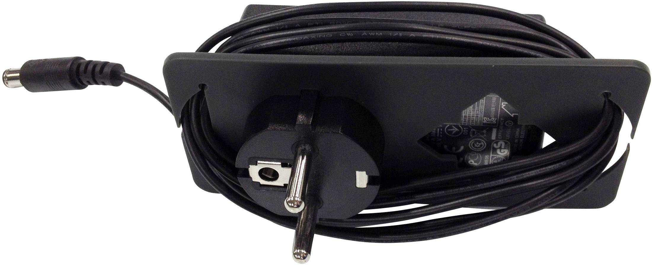 A black network cable is coiled around a rectangular bracket, with a European plug and a small plug on the other side.